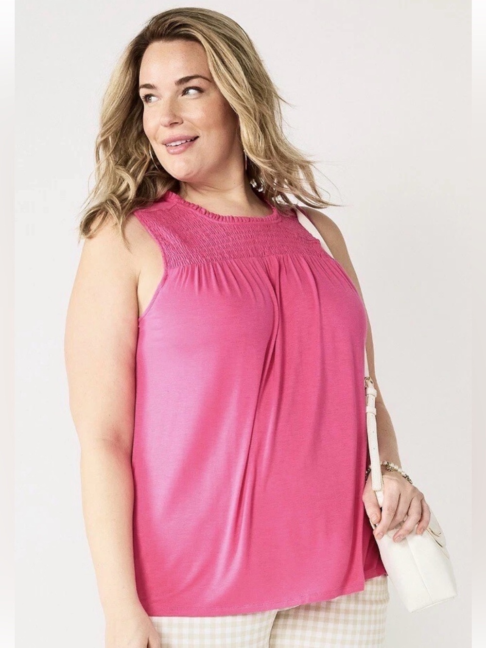 Womens plus 1X Croft & Barrow Smocked tank top NWT $34 Pink shirt Sleeveless